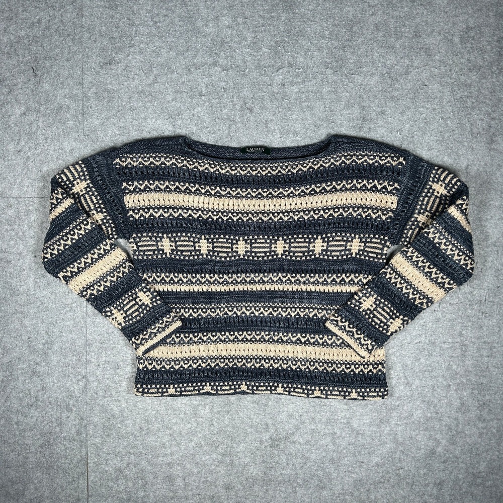 Lauren Ralph Lauren sweater Womens Small Navy Blue Fair Isle Cotton Linen Knit